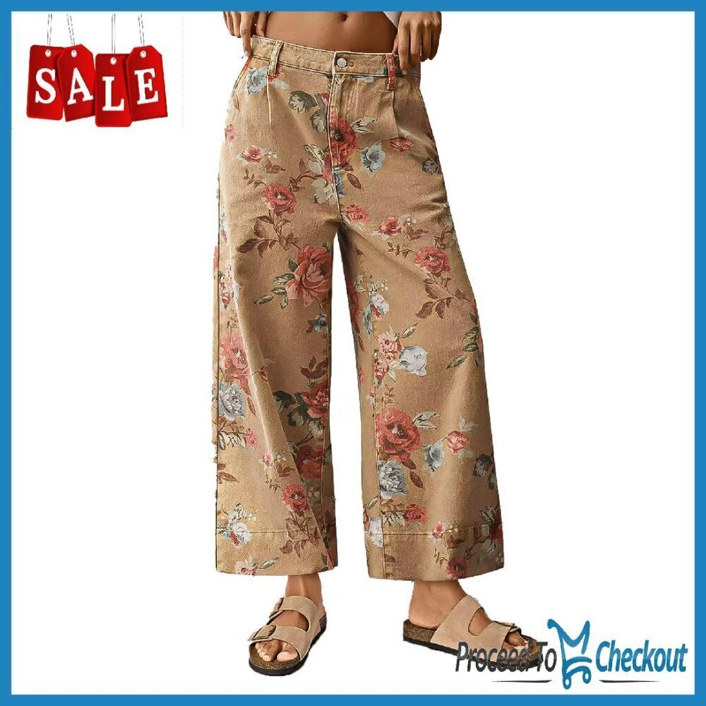 Floral Wide Leg Cropped Pants, Cotton Spandex, Mid Rise, Casual